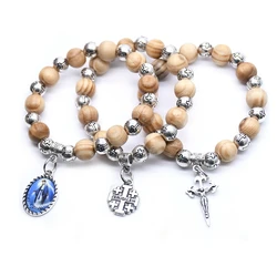 QIGO Virgin Christ Cross Bracelet Wood Plastic Beads Strand Bracelet For Men Women Religious Jewelry