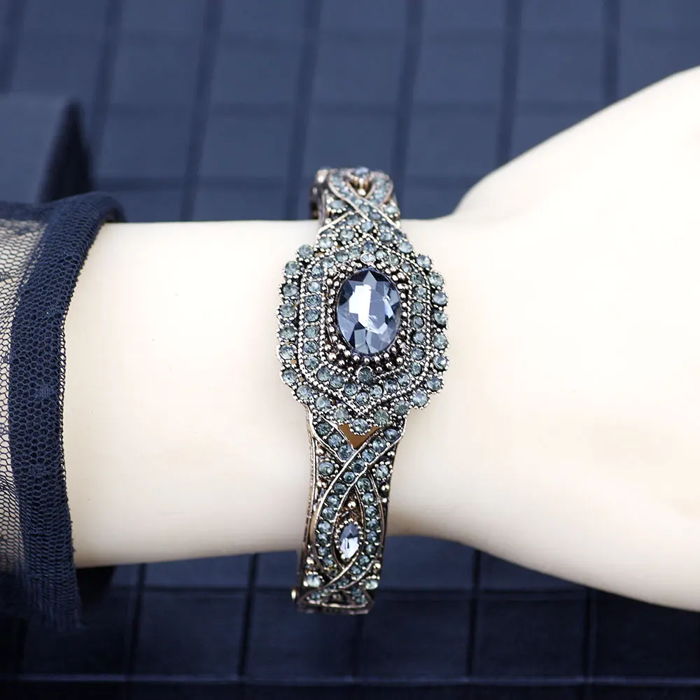 Bohemia Gray Crystal Vintage Bangle for Women Ethnic Wedding Jewelry Turkish Rhinestone Cuff Bracelet Bridal Gift