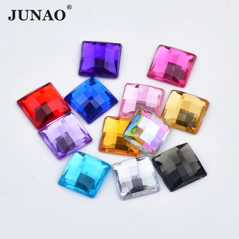 JUNAO 8 10 12 16mm Mix Colors Square Crystal Rhinestone Applique Flat Back Strass Diamond Glue On Crystal Stones for Garment