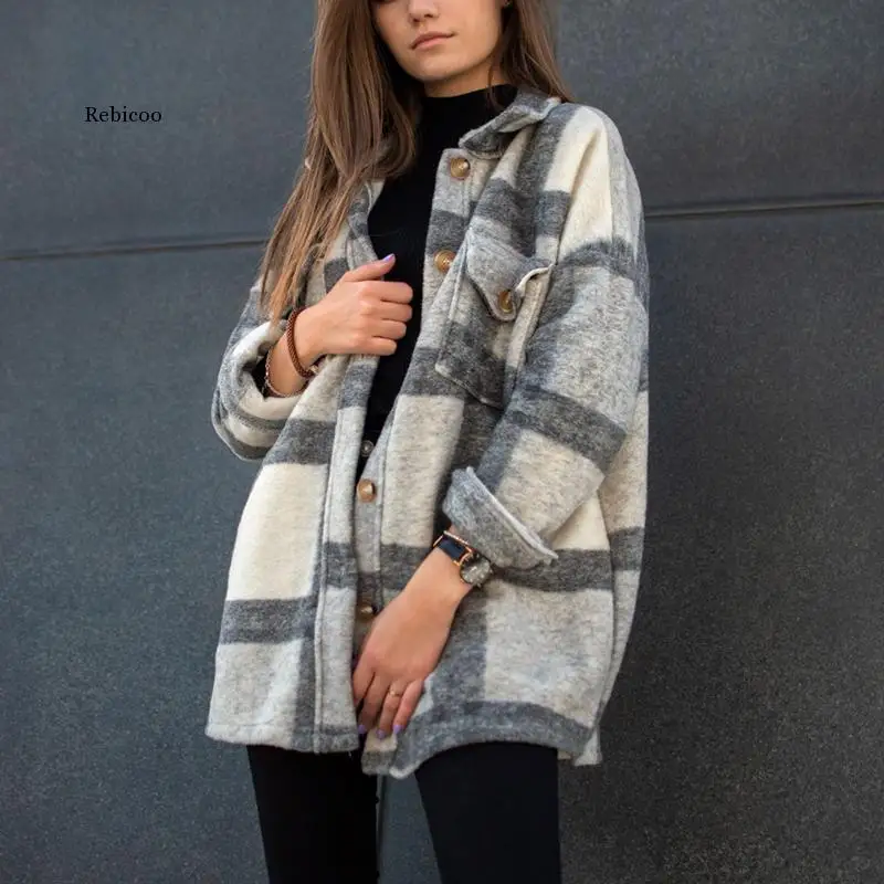 

Women's Winter Casual Plaid Jackets Coat Buttons Pockets Toos Long Sleeve Vintage Clothes Thick Warm Overcoat