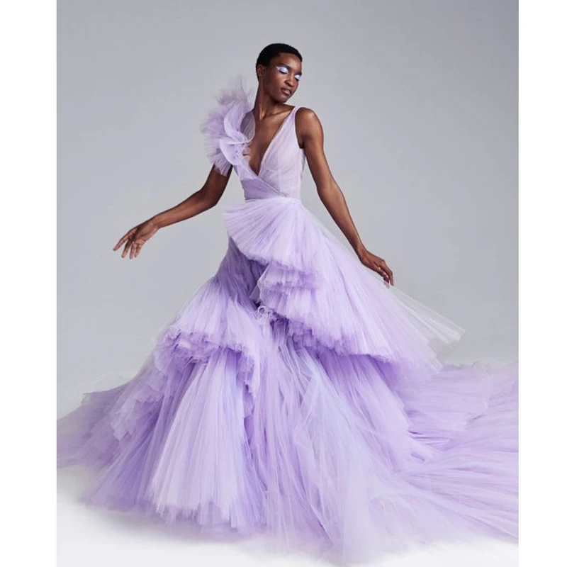 New Fashion Lavender Tulle Formal Event Party Dresses Women Puffy Ruffles Tulle Long Prom Gowns Lace Up Back Color Size Free