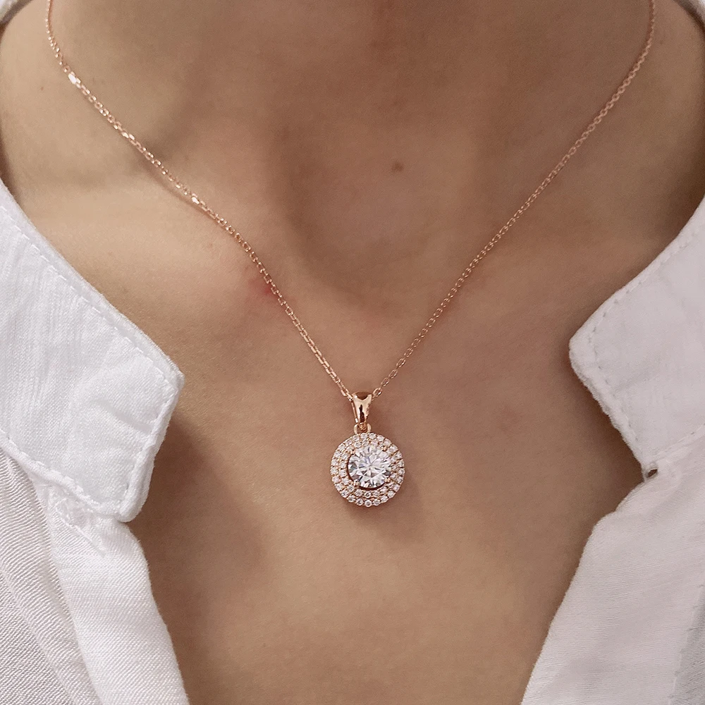 Huitan Romantic Rose Gold Color Round Pendant Necklaces Women Wedding Anniversary Lover Gift Dazzling CZ Female Fashion Jewelry