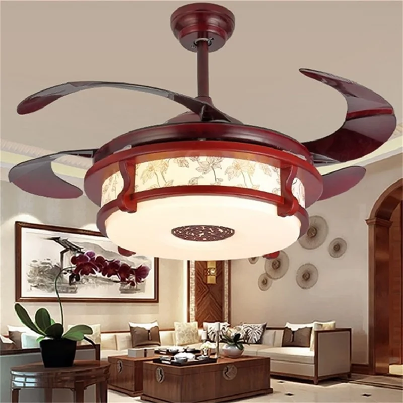 OUFULA Ceiling Fan Light Invisible Red Lamp With Remote Control Modern LED For Home Living Room