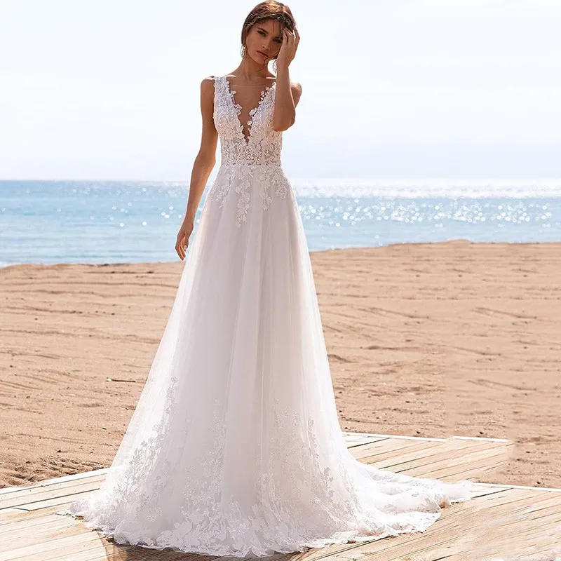 Vintage Beach Wedding Dresses Lace Sparky Bohemian Bride Dress 2022 Backless Wedding Gowns Sweep Train Vestido de Noiva