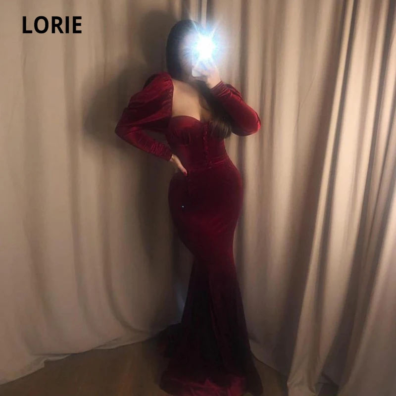 

LORIE Arabic Evening Dresses Burgundy Sweetheart Long Sleeves Velvet Mermaid Prom Gown Party Dress abendkleider 2021 dubai