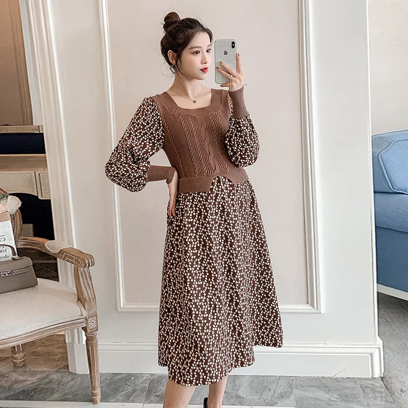 160# Autumn Winter Korean Fashion Patchwork Maternity Dress Chic Ins Elegant A Line Clothes for Pregnant Women Floral Pregnancy