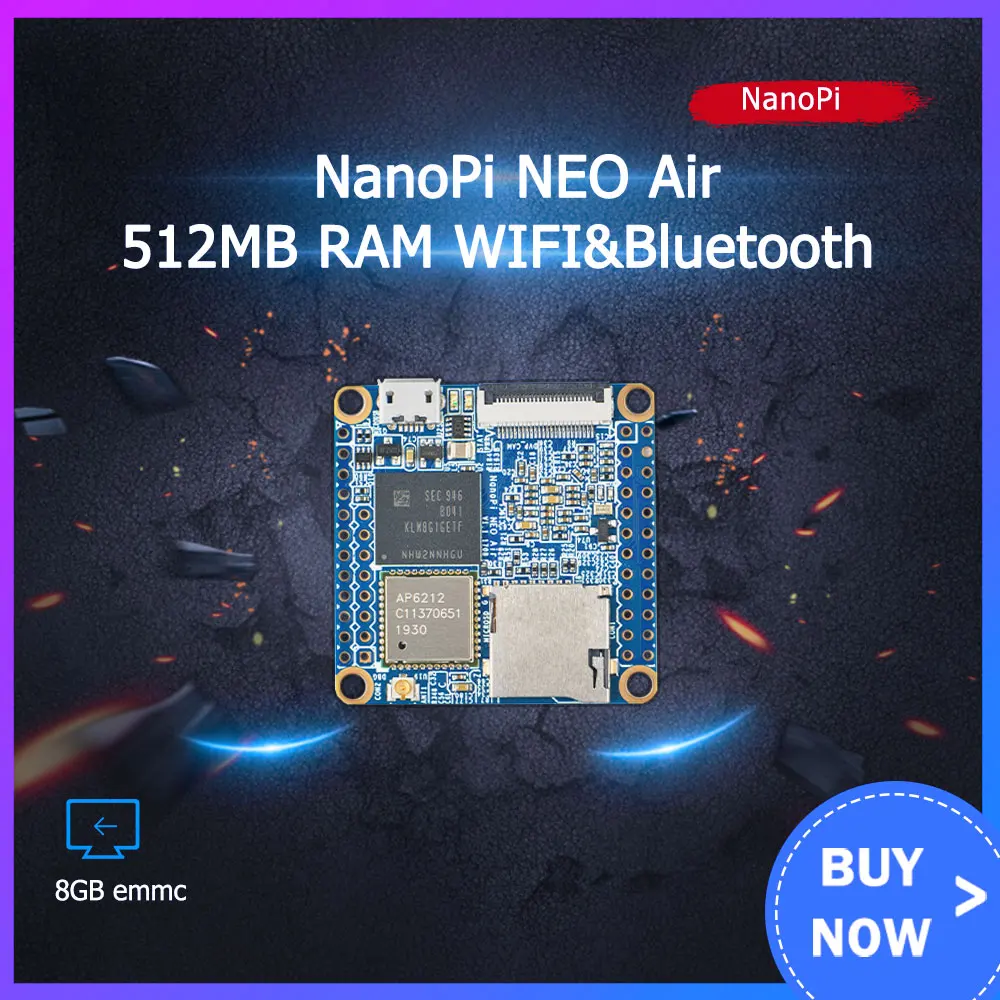 

NanoPi NEO Air 512 MB Оперативная память WI-FI и Bluetooth, 8 Гб памяти на носителе eMMC Allwinner H3 Quad-core Cortex-A7