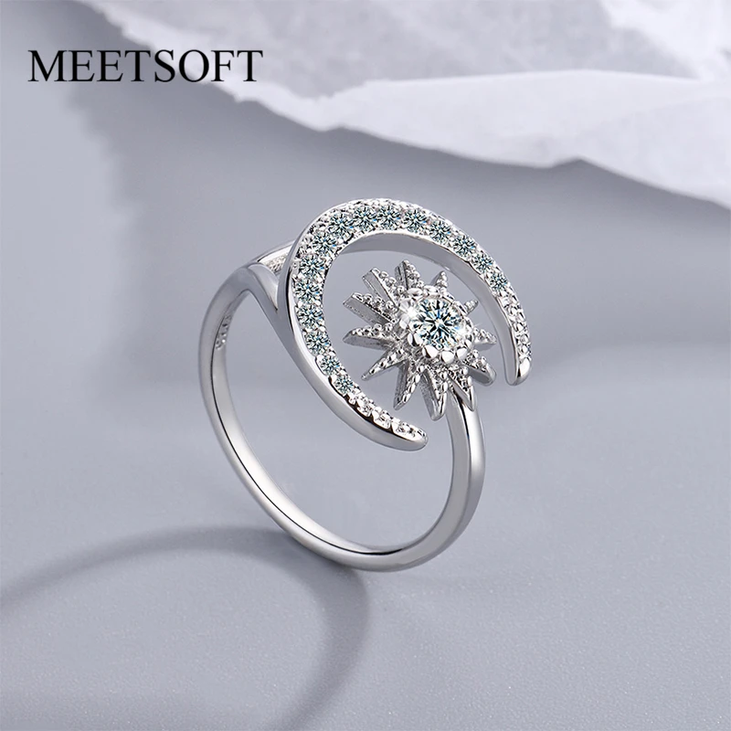 MEETSOFT Trendy 925 Sterling Silver Irregular Moon Star Zircon Opening Ring for Women Wedding Lovely Fine Jewelry Drop Shipping