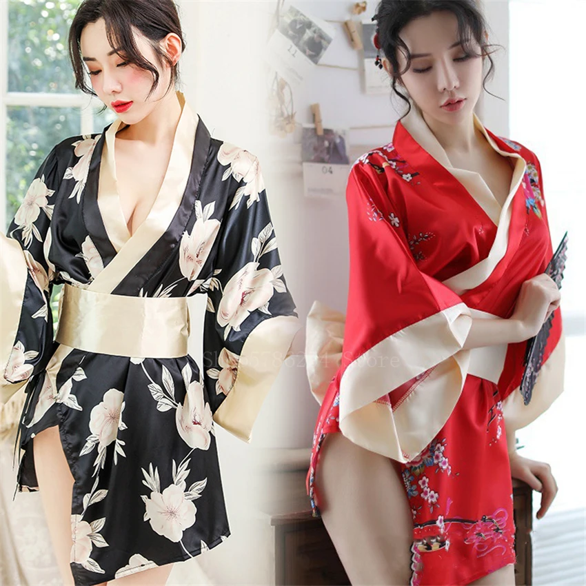 

Women Vintage Japanese Kimono Flower Print Sexy Cardigan Yukata Female Geisha Costume Bow Belt NightGown Haori Asian Pajamas