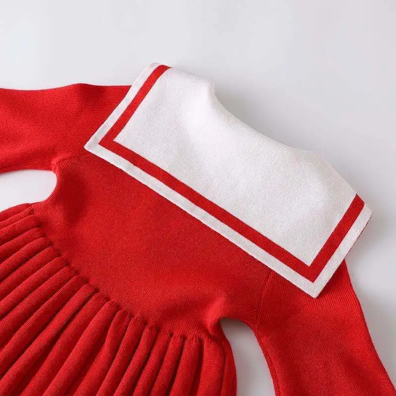 Children Fall Clothes Autumn Baby Girls College Style Lapel Long-sleeved Dress Kid Knitted Sweater Dress Sailor Collar 2-8
