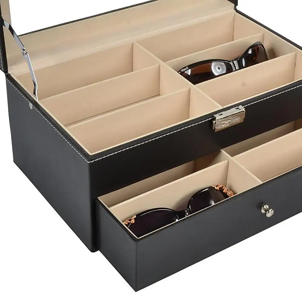 12 Grids Black Sunglass Organizer Leather Eyeglasses Collector Double-Layer Eyewear Display Case Lockable Storage Box