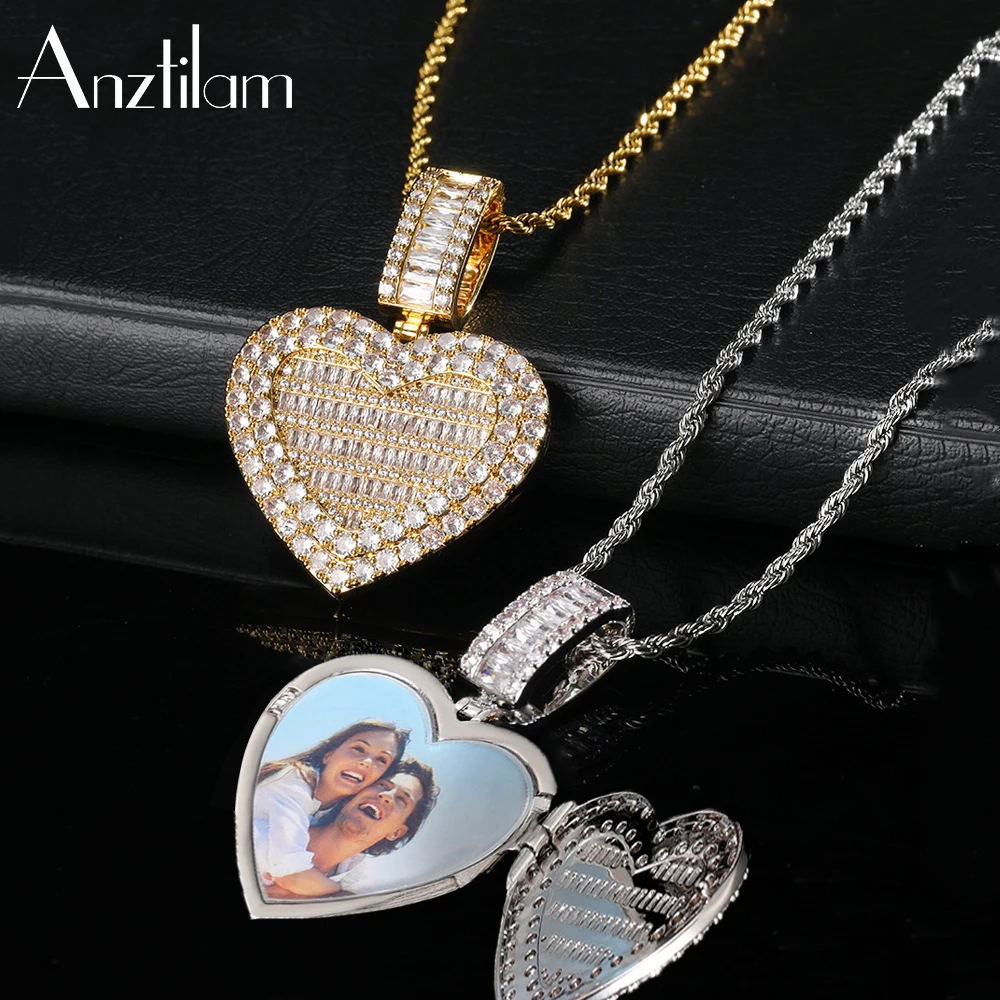 

AZ Iced Out Custom Photo Necklace Openable Heart Pendant Paved AAA+ Zircon Stone Tennis Chain For Women Men Free Shipping