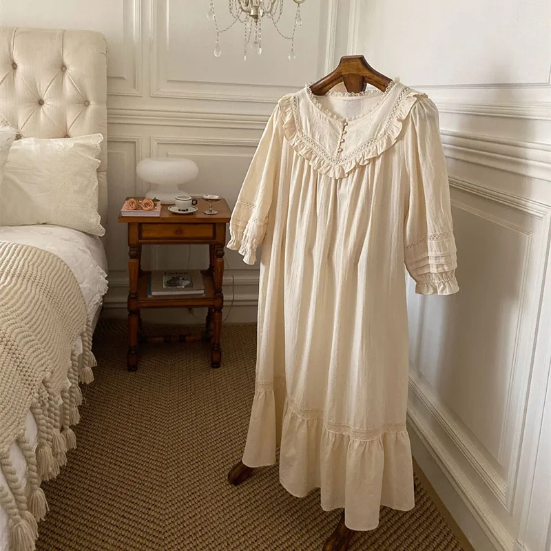 New Vintage Embroidery Cotton Long Nightgowns For Women Long Sleeve Beige Elegant Nightshirts Comfortable Plus Size Night Dress