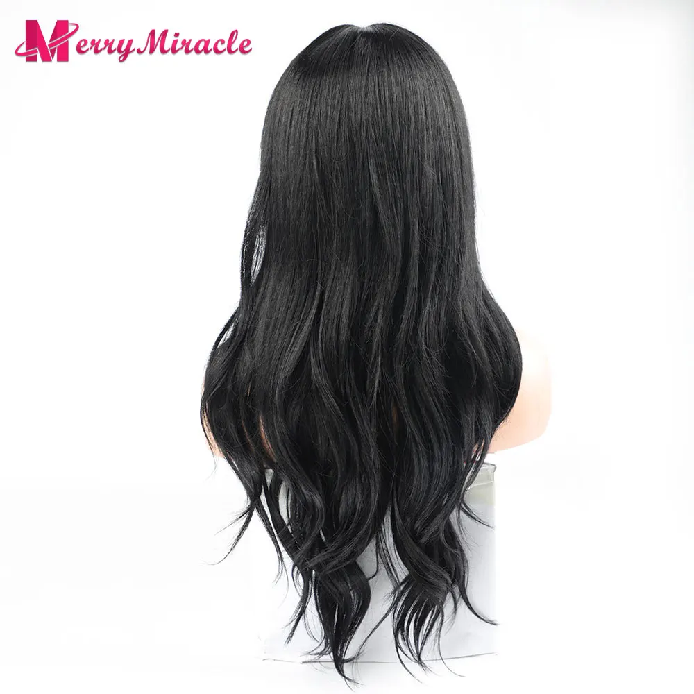 Perucas sintéticas longas pretas para mulheres parte média resistente ao calor perucas de cosplay sintéticas com franja cor natural cabelo sintético