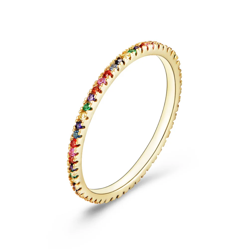 Hot Selling Ins Jewelry Dainty Channel Ring Pave Setting Multicolor Stones Ring 925 Sterling Silver Women Ring For Gift