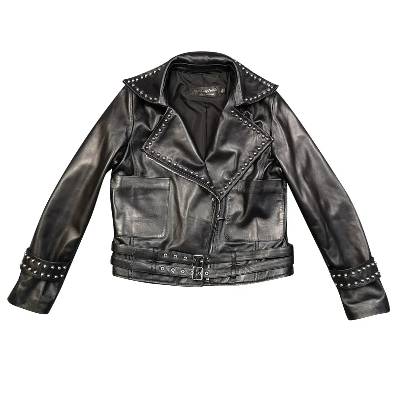 Rivet Studded Leather Jacket Women Motorcycle Biker Natural Real Sheepskin Natural Leather Coat Female Black Jacket Clothing Top