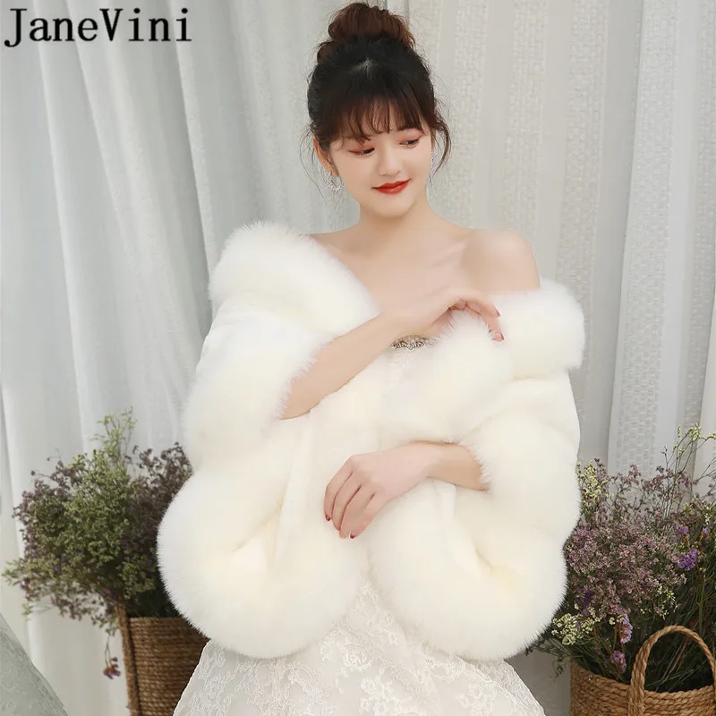 

JaneVini Winter Etole Mariage 165*55 cm Plus Size Woman Faux Fur Bridal Wrap Stole Warm Fur Wedding Capes Bride White Shawls