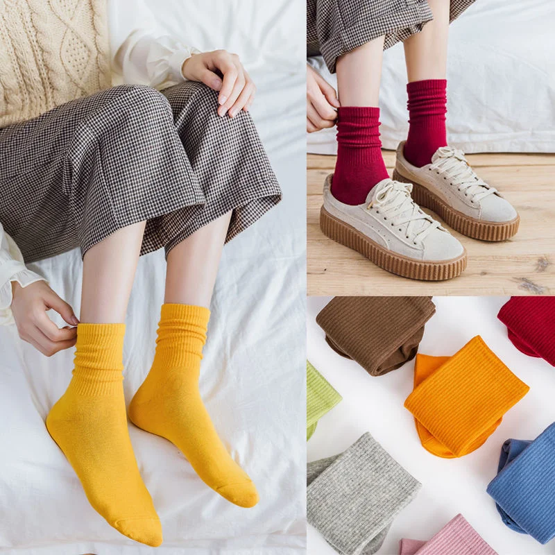 Solid color socks Middle tube Knitted Japanese Korea Loose Long Socks Women Pile Soft Fashion girls Winter Autumn Cotton Socks