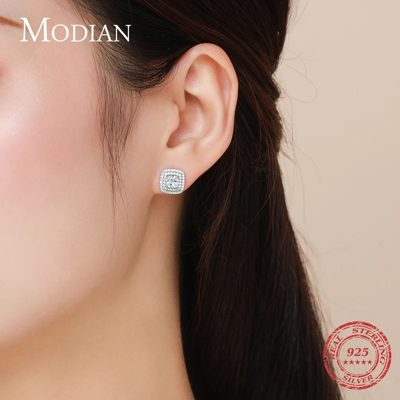 Modian-Boucles d'oreilles carrées classiques en argent regardé 925 véritable pour femme, boucle d'oreille CZ transparente, goujon de mariage de luxe, bijoux fins de fiançailles
