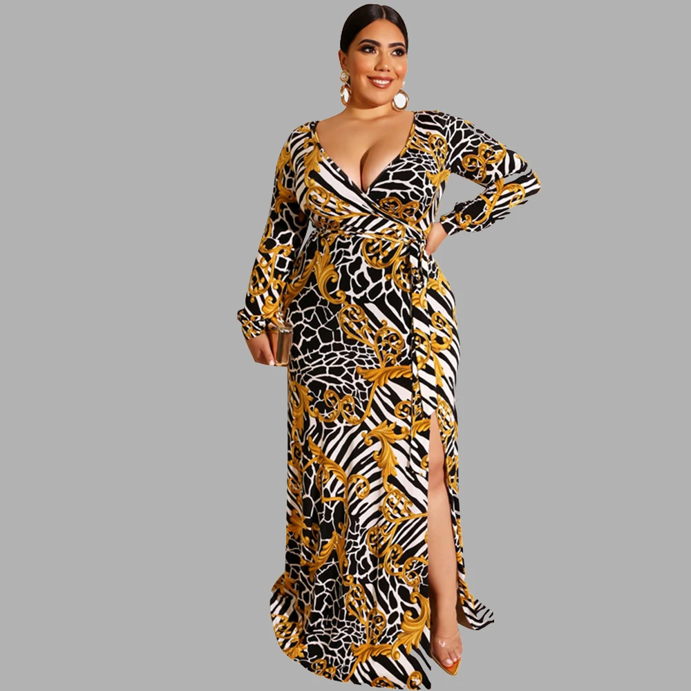 

Autumn Women's Fashion Printed Dress Lacing Tight-fitting Bag Hips Deep V-neck Long Sleeve Hem Split-fork Sexy Dress Plus Size