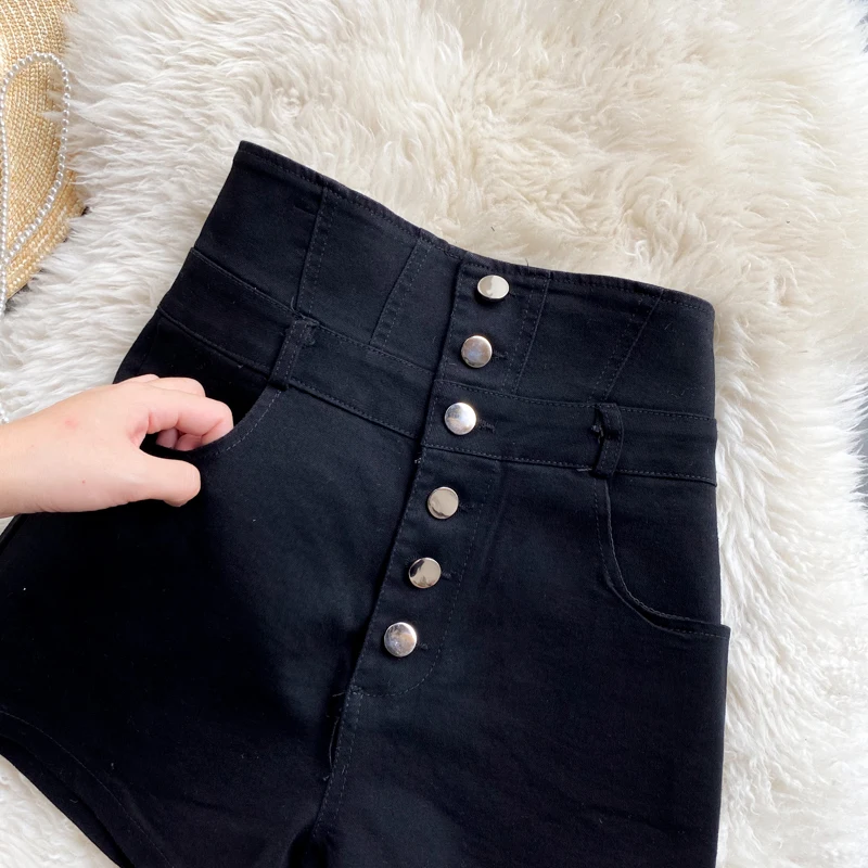 High Waist Single Breasted Denim Shorts Black Retro Women Korean Fashion Slim Casual Simple Sexy Chic Hot Pants Boots Shorts