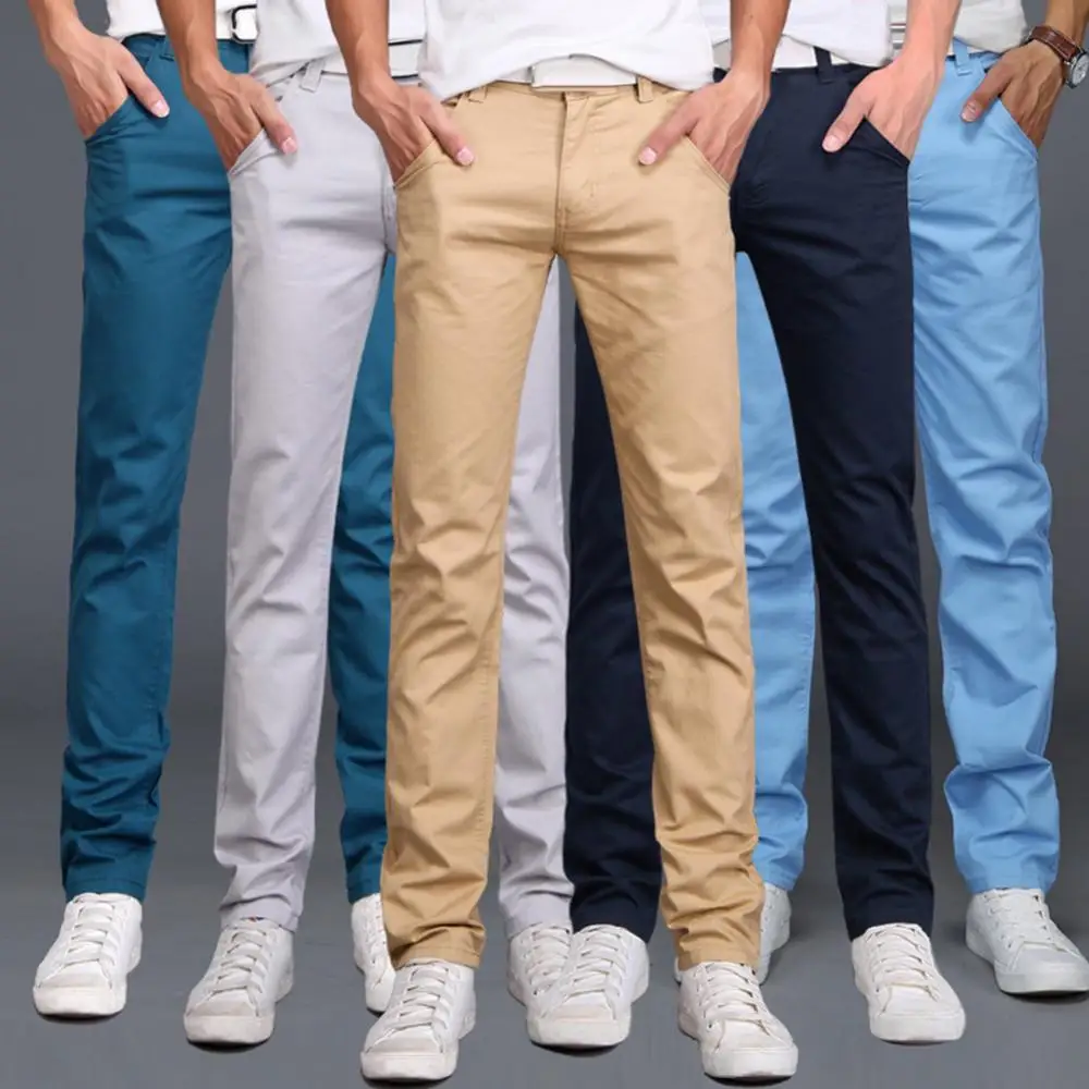 Men Solid Color Button Cotton Straight Long Pants Pockets Business Trousers Slim Oversized Basic Pants