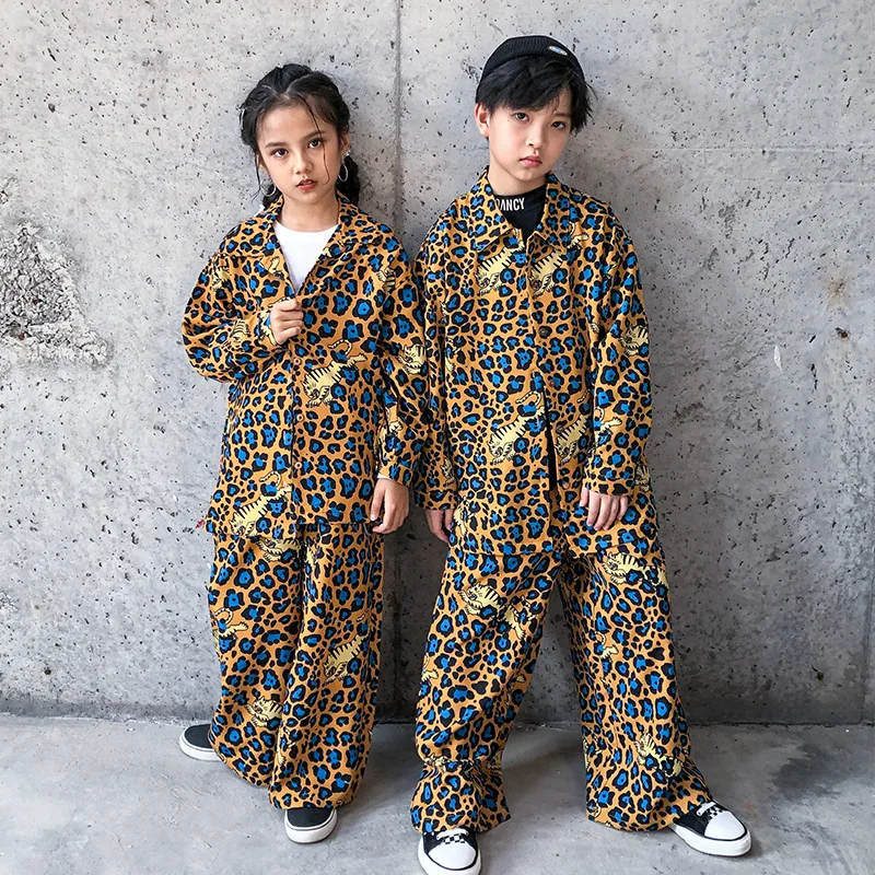 Kid Cool Hip Hop Clothing Leopard Print Oversized Shirt Top Wide Leg Streetwear Pants for Girls Boys Jazz Dance Costume Clothes