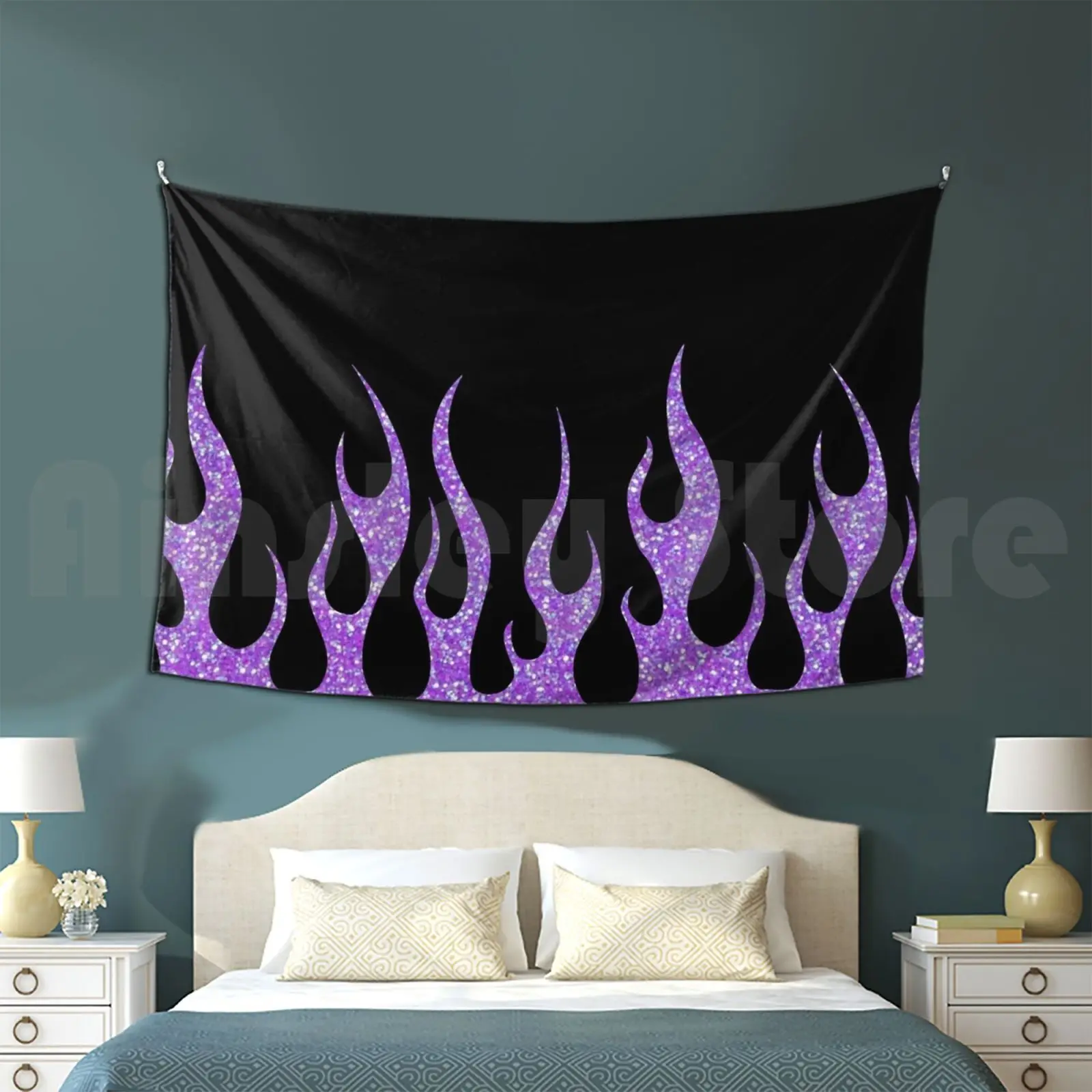 Purple Glitter Flames Customized Tapestry Flame Fire Y2k 2000s 90s Aesthetic Cute Retro Tumblr 2000s 80s