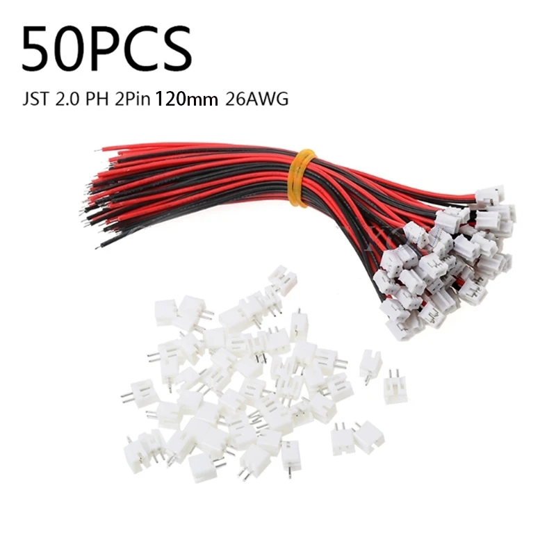 50 Sets 미니 JST 2.0 PH 2 핀 커넥터 플러그와 전선 케이블 120MM 26AWG DIY 부품 RC 드론 자동차 보트