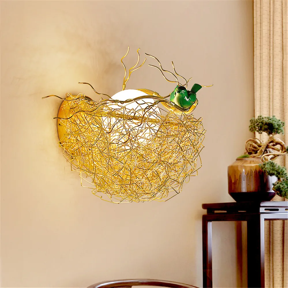 Nordic Cottagecore Decor Golden Bird'S Nest Glass Egg Led Wall Lamp Country Loft Bar Dining Room Corridor Sconce Light Fixtures
