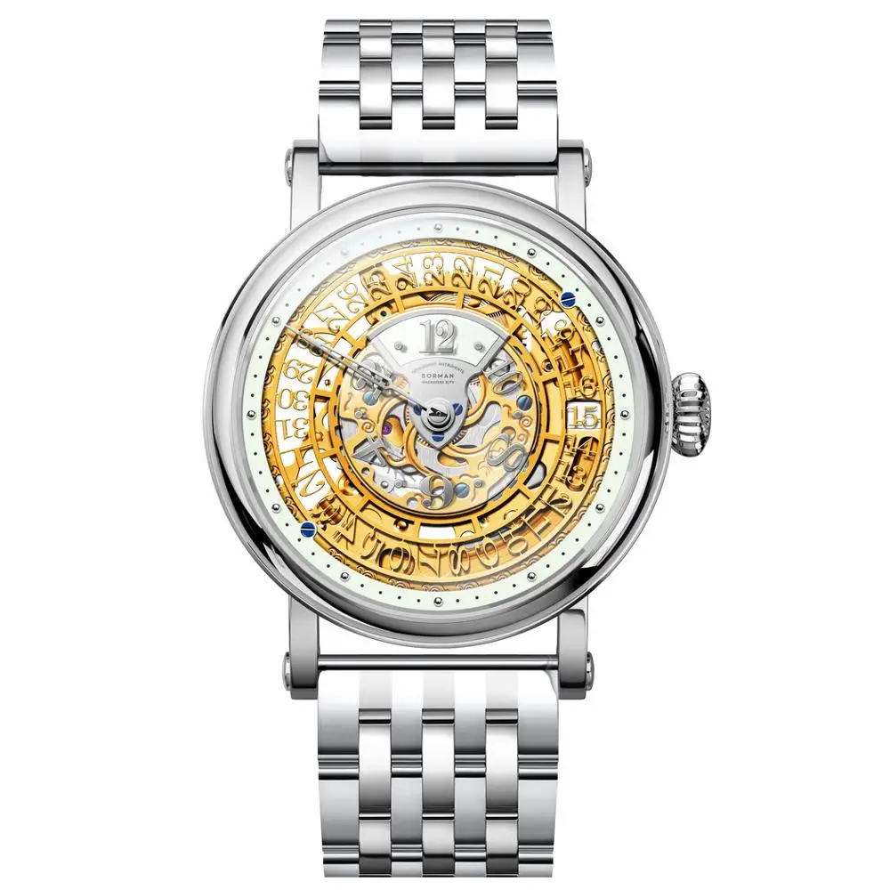 BORMAN Orologi di lusso da uomo, orologio automatico da uomo alla moda Orologi da polso meccanici scheletrati Zaffiro impermeabile in acciaio inossidabile