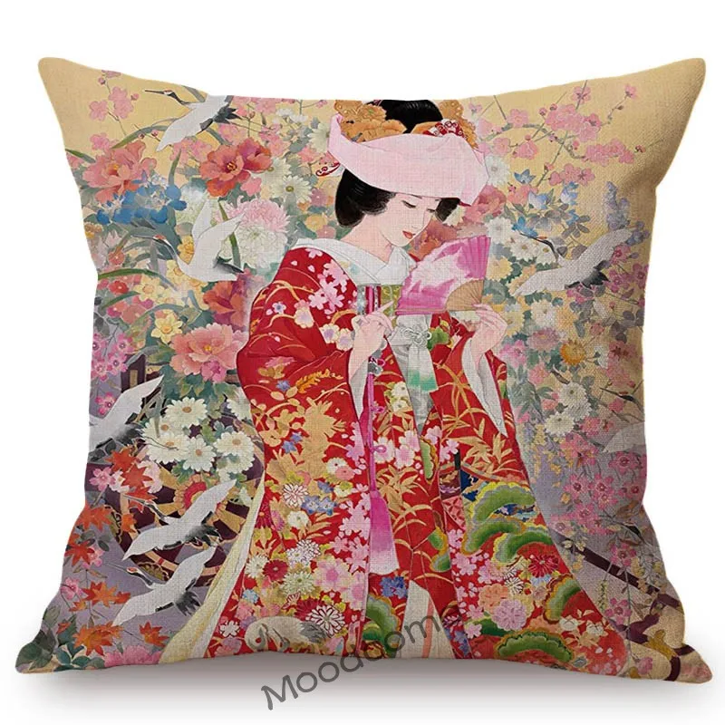 Ancient Japanese Traditional Geisha Oil Painting Art Home Decorative Sofa Throw Pillow Case Beautiful Girl Linen Cushion Cover