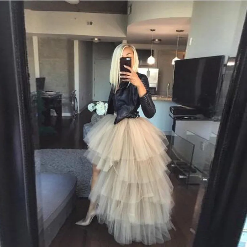 Custom made fashion Hi Low Tiered Tulle Skirts Women Ruffle Extra Puffy Zipper Waistline Long Party Skirts