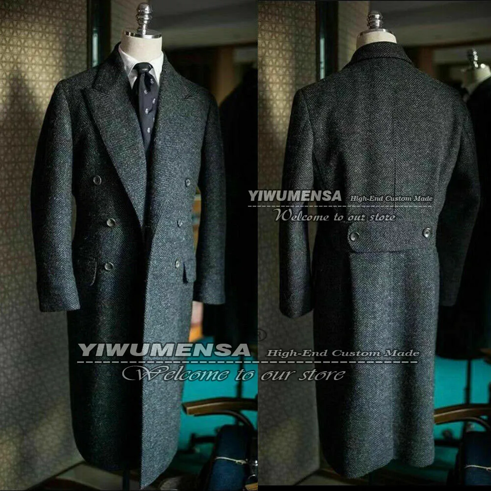 Man Suit Jackets Customized Double Breated Tweed Wool Trench Coat Long Business Office Prom Blazer Evening Dinner Party Overcoat