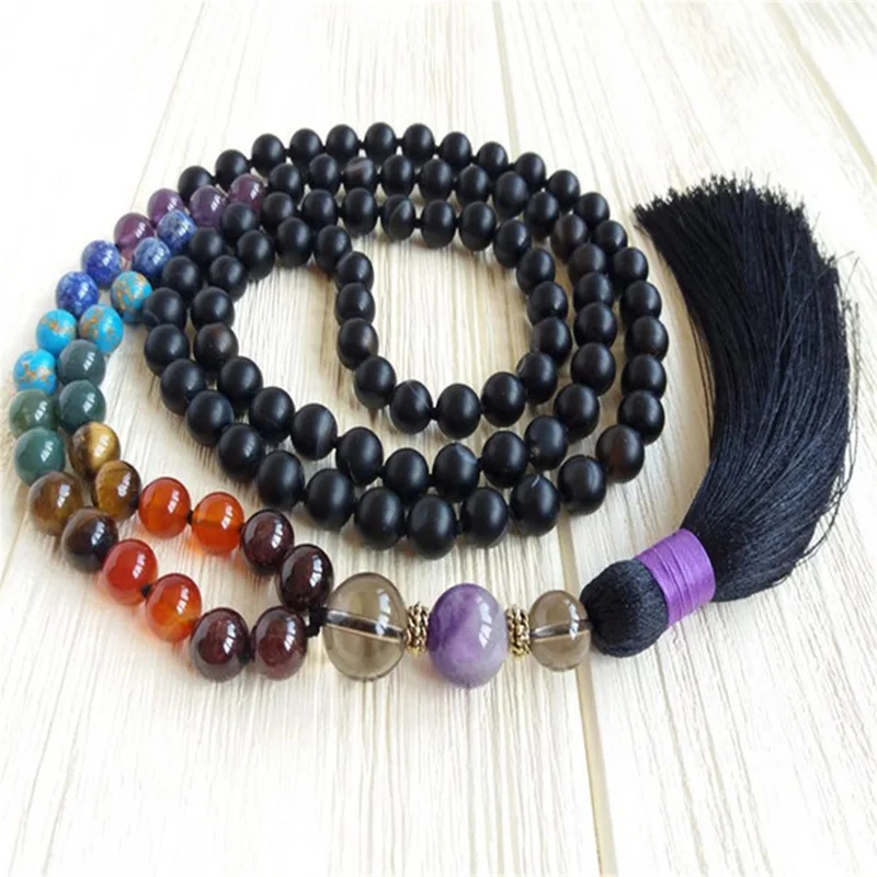 

8mm Agate 7 Chakras 108 Beads Handmade Tassel Necklace Mala Japa Retro Yoga Tibetan Prayer