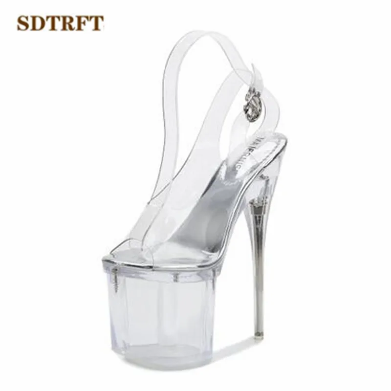 SDTRFT Fashion Crossdresser Buckle Sandals 20cm thin heels shoes woman transparent platform Party Dance Slippers Open Toe pumps