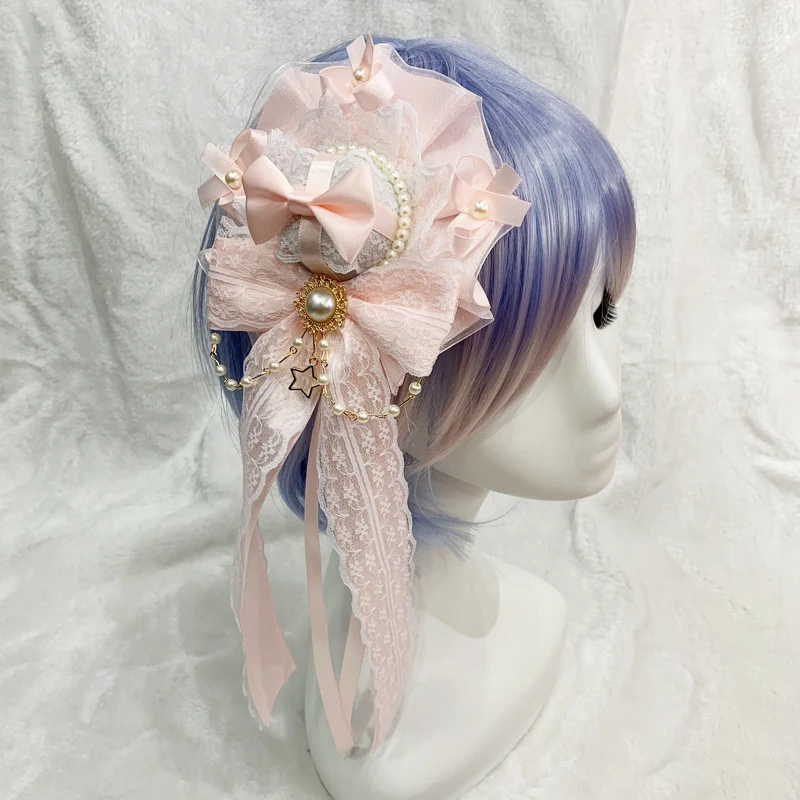 Chapeau Lolita rose clair pour fille, accessoire de coiffure en dentelle, doux et polyvalent