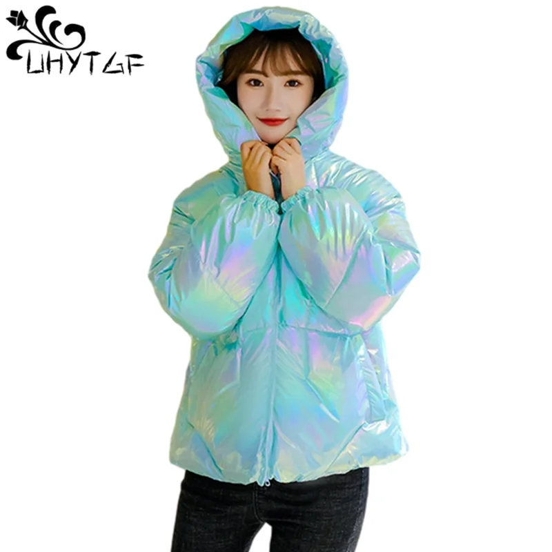 UHYTGF Colorful Shiny Cotton Coat Woman Jacket Winter Clothes Short Coat Women Parkas Outerwear Loose size Parka Hooded Tops 912