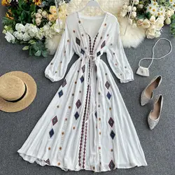 2021 V Neck Vintage Long Sleeve Vestidos Elegant High Waist Embroidered Travel Dress Bohemian Midi Dress Female Vestidos