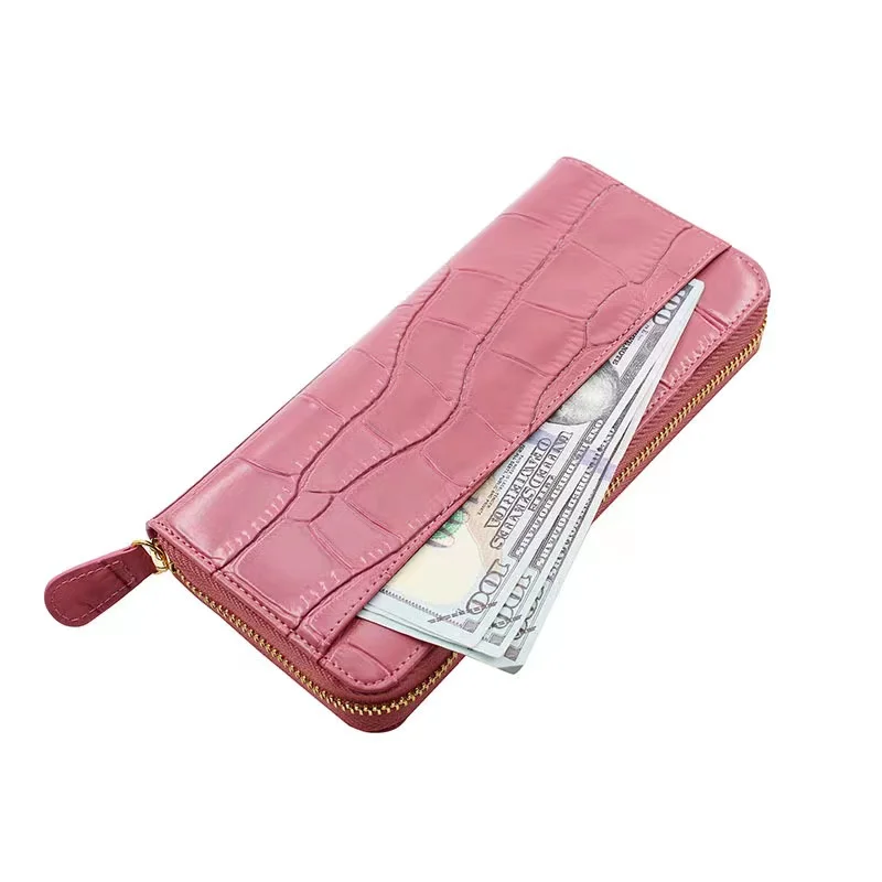 Long zipper clutch, alligator print leather purse for women