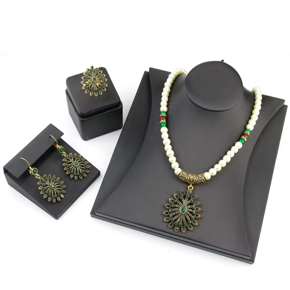 Sunspicems 2021 Algerian Beaded Wedding Jewelry Set for Women African Flower Earrings Necklace Ring Antique Gold Color bijoux