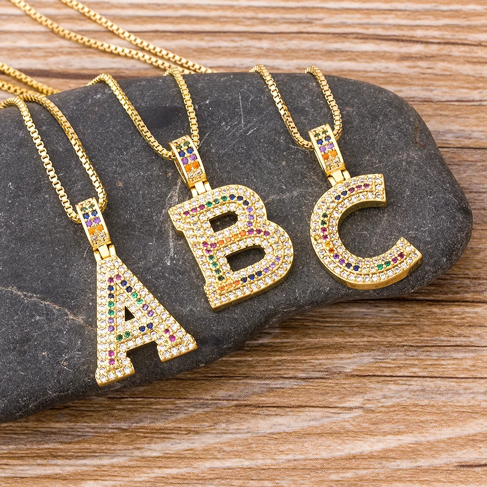 NIdin New Fashion Luxury A-Z 26 Letters Necklace Rainbow CZ Pendant for Women Initials Family Name Party Wedding Jewelry Gifts