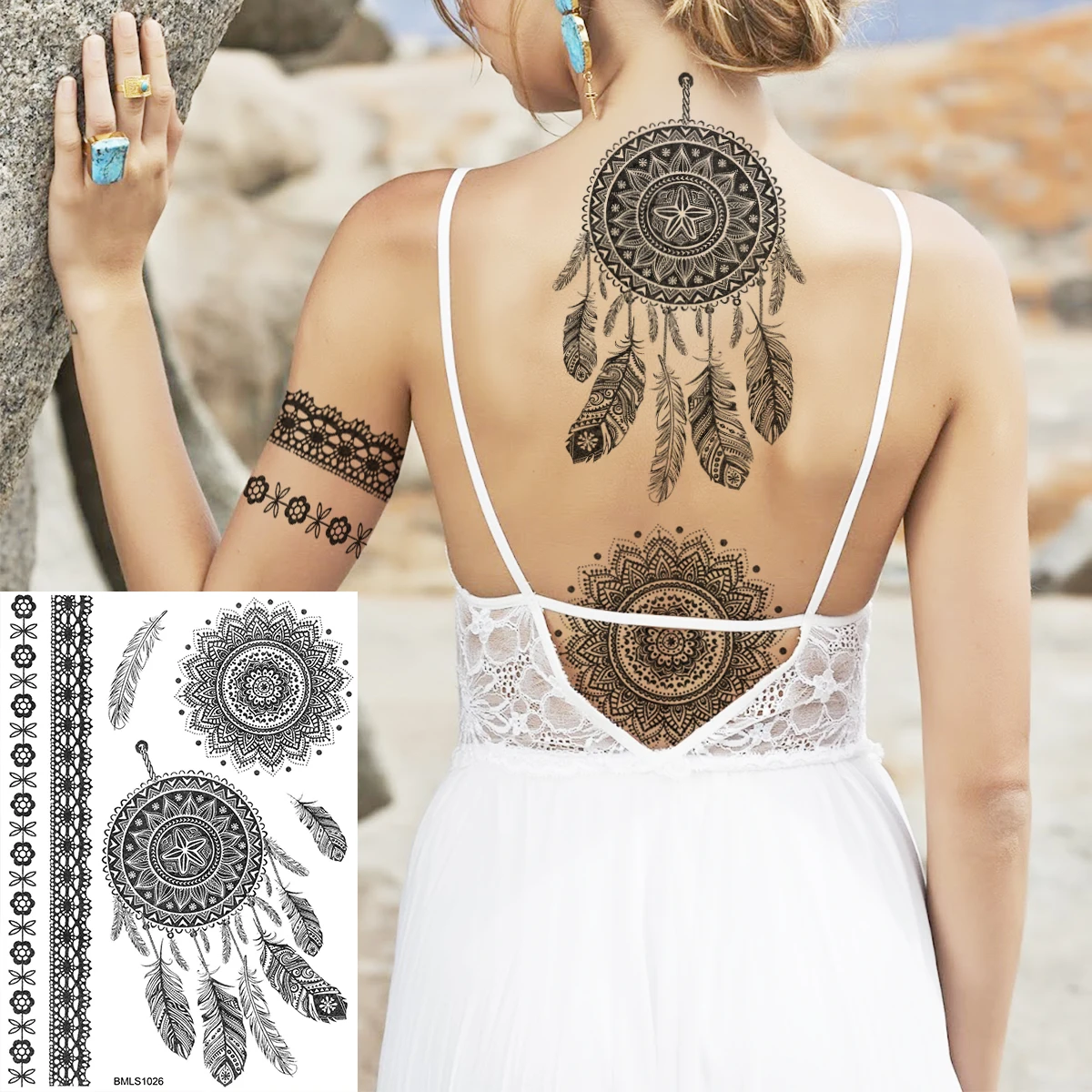 Black Henna Lotus Pendant Temporary Tattoos For Women Adult DreamCatcher Elephant Fake Tattoo Body Art Underboob Tatoos