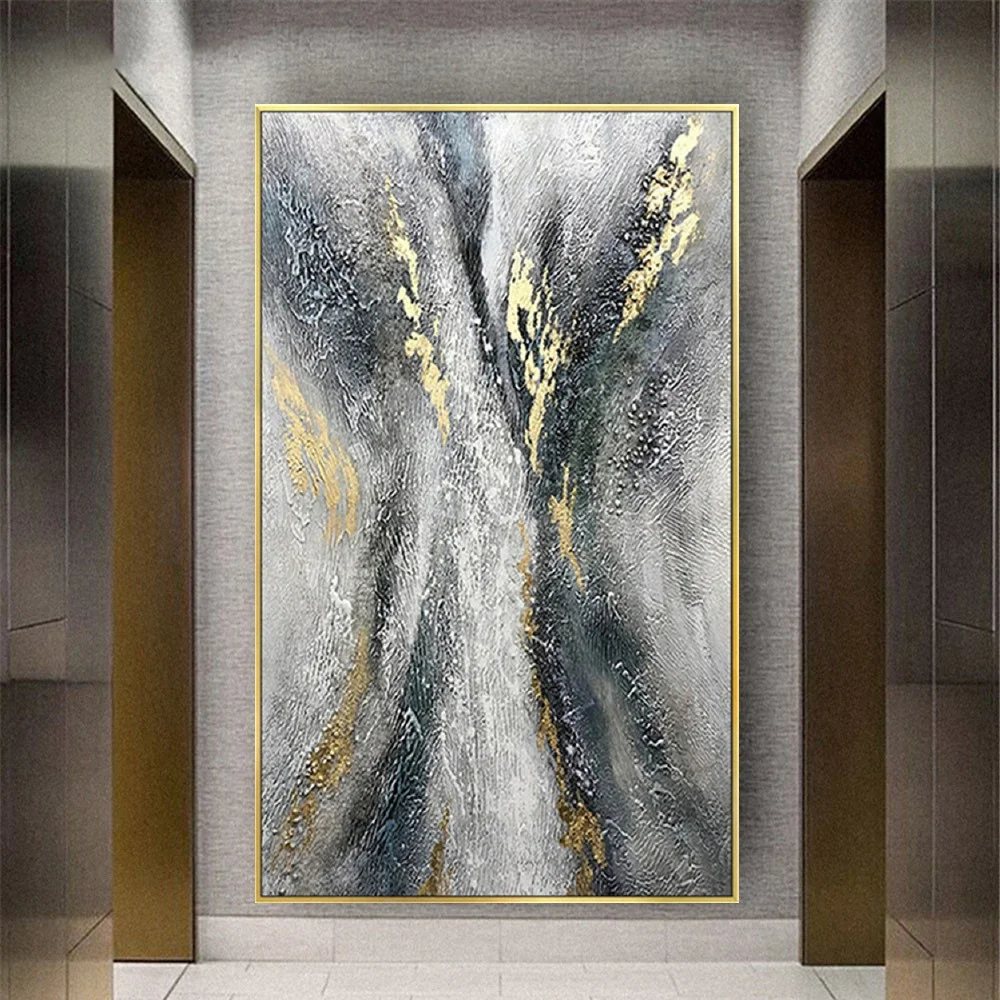 Modern Abstract 100% Hand-Painted Canvas Oil Painting Gold Black Grey Texture Depicting Sky Vintage Wall Decor Art Hallway Porch