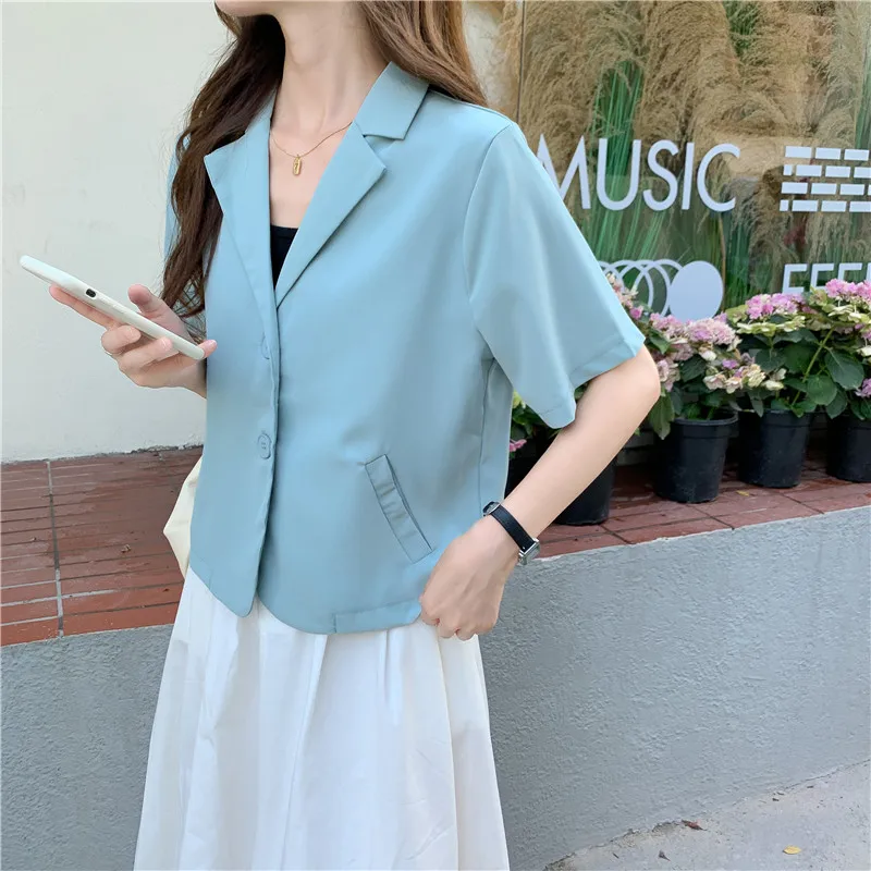 Blazers Women Solid Thin Single Breasted Office Lady Short Sleeve Blazer Streetwear Korean Style Casual Daily Stylish Retro Chic