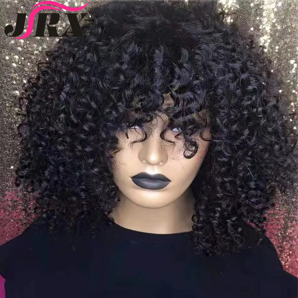 

200% Density Curly Bob Human Hair Wigs with Bangs Kinky Curly Full Machine Made Wigs for Women Brazilian Remy Hair Wigs Black