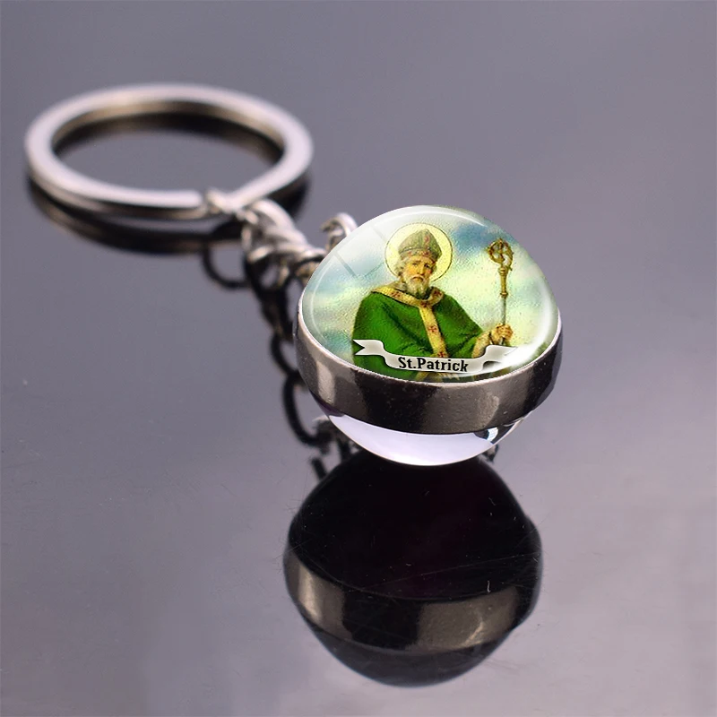 St Patrick St Michael Glass Ball Keychain Keyring Saint Angel Protection Key Chain Ring Religious Jewelry Christian Gifts