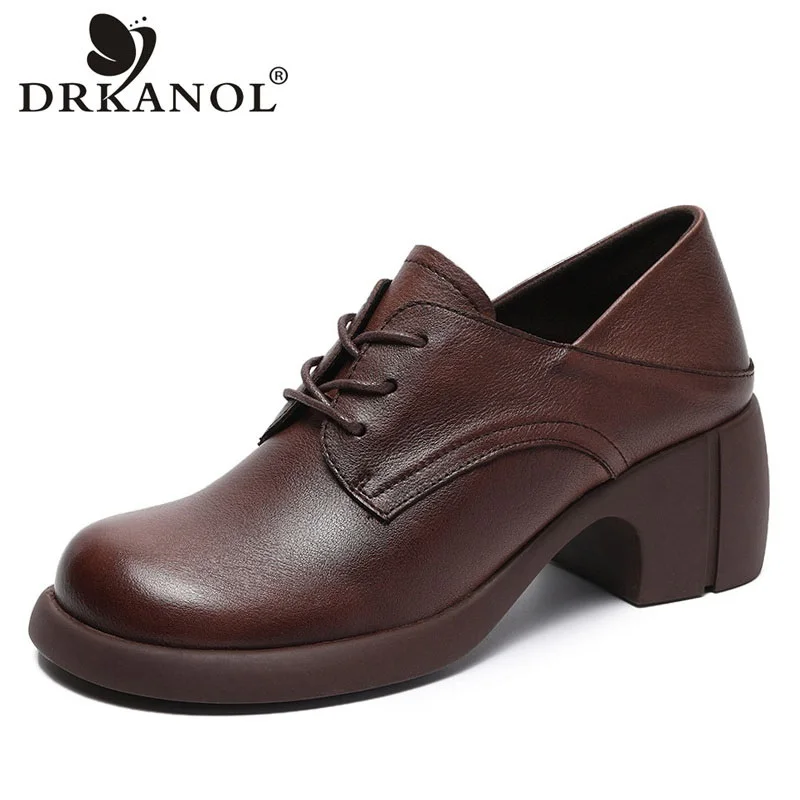 DRKANOL Handmade Retro Women High Heel Shoes 100% Genuine Cow Leather Round Toe Thick Heel Pumps Women Casual Shoes Footwear