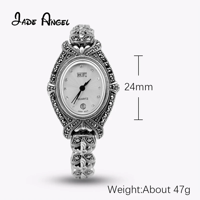 JADE ANGEL Ladies Vintage Watch Pave Marcasite Thailand 925 Sterling Silver Bracelet Anniversary Gift Watch