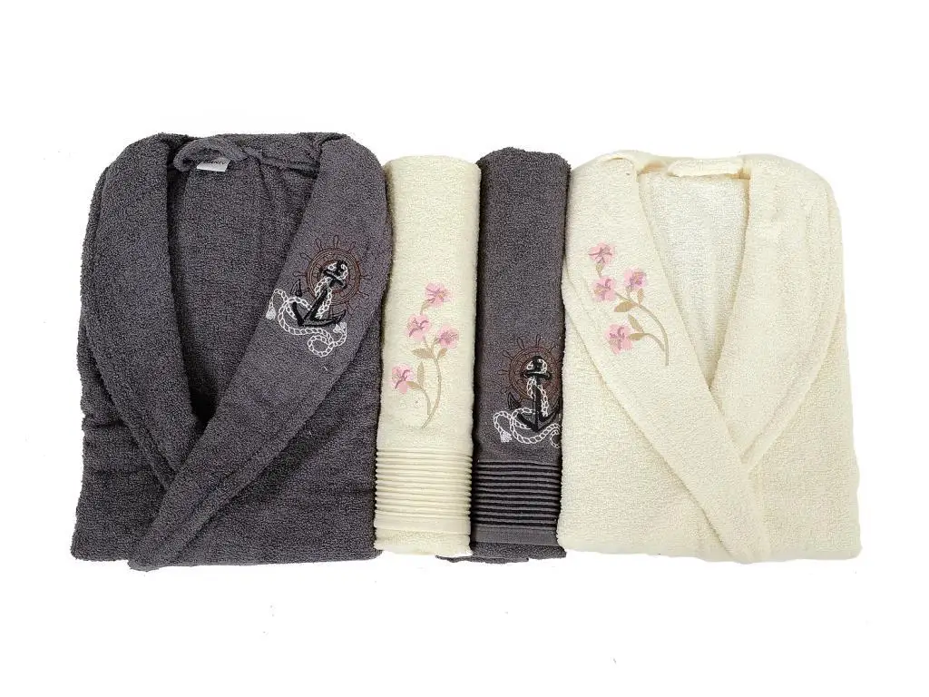 Scar Embroidered 100 Cotton 4 Piece Bathrobes Set Smoked Cream